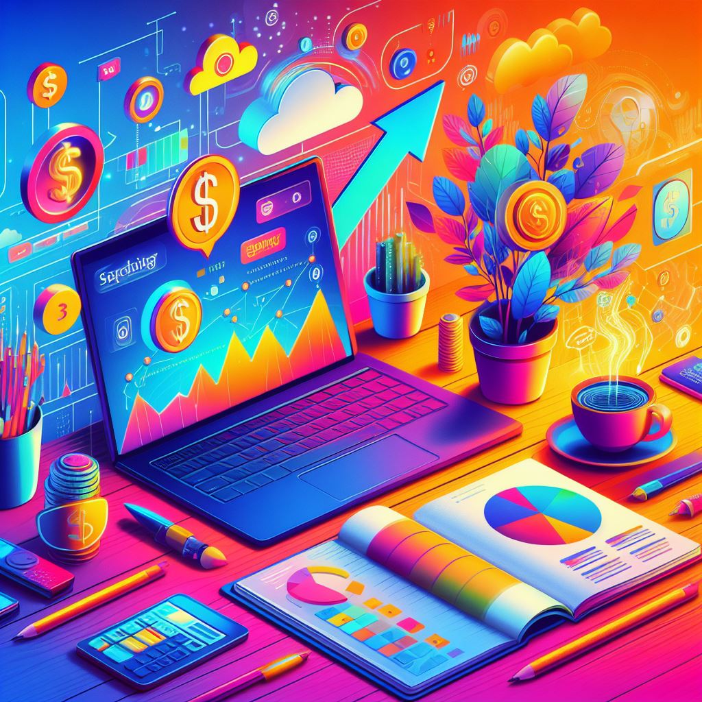 A high-resolution, visually appealing, and eye-catching image for a blog post titled 'Five Ways to Earn Online Money', with bright colors and bold fonts for the title